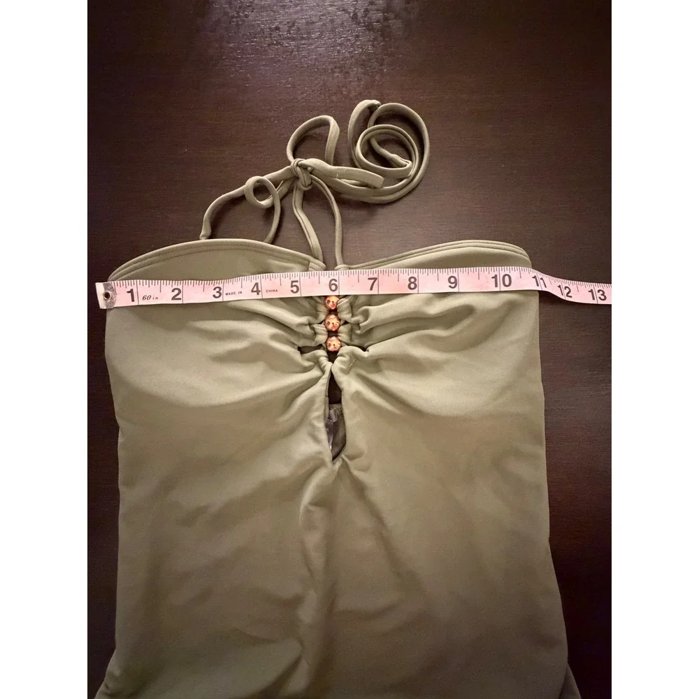 Aerie Olive Green Halter One Piece Swimsuit Ruched Beaded Keyhole Size S